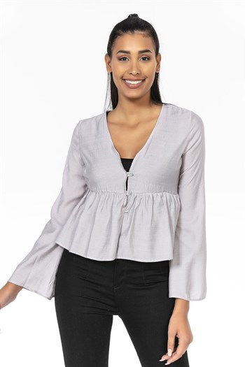 İspanyol Kol Önden Düğmeli Gri Kısa Bolero