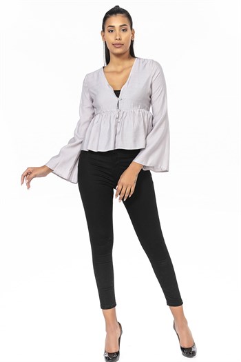 İspanyol Kol Önden Düğmeli Gri Kısa Bolero