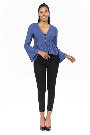 İspanyol Kol Önden Düğmeli İndigo Kısa Bolero