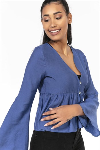 İspanyol Kol Önden Düğmeli İndigo Kısa Bolero