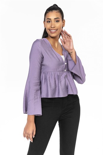 İspanyol Kol Önden Düğmeli Lila Rengi Kısa Bolero