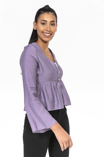 İspanyol Kol Önden Düğmeli Lila Rengi Kısa Bolero