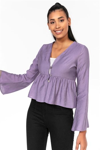İspanyol Kol Önden Düğmeli Lila Rengi Kısa Bolero
