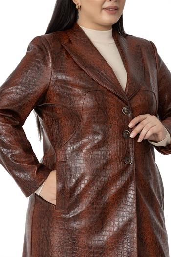 Büyük Beden Baskılı Deri Uzun Kahverengi Astarlı Kaban