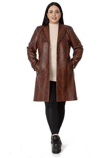 Büyük Beden Baskılı Deri Uzun Kahverengi Astarlı Kaban