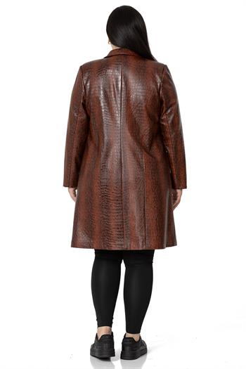 Büyük Beden Baskılı Deri Uzun Kahverengi Astarlı Kaban