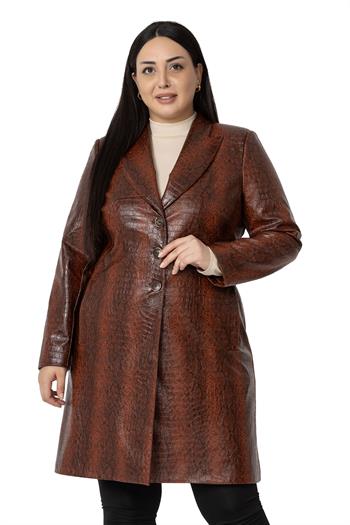 Büyük Beden Baskılı Deri Uzun Kahverengi Astarlı Kaban