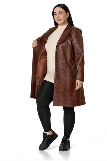 Büyük Beden Baskılı Deri Uzun Kahverengi Astarlı Kaban
