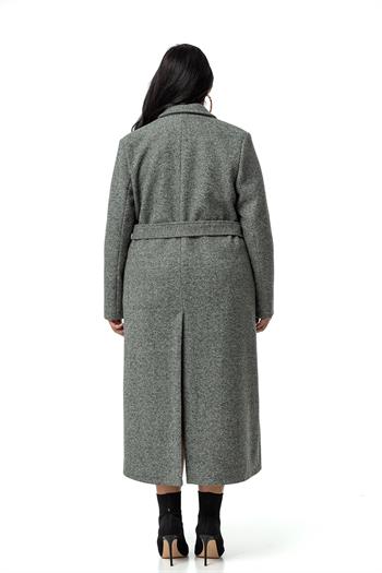 Büyük Beden Ceket Yaka Düğmeli ve Kuşaklı Derin Yırtmaçlı Balıksırtı Astarlı Uzun Yeşil Kaban