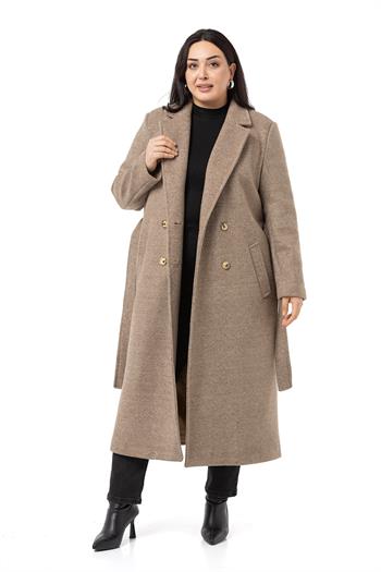 Büyük Beden Ceket Yaka Düğmeli ve Kuşaklı Derin Yırtmaçlı Balıksırtı Astarlı Uzun Vizon Kaban