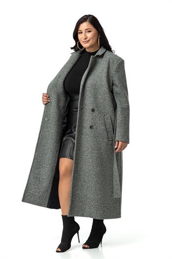 Büyük Beden Ceket Yaka Düğmeli ve Kuşaklı Derin Yırtmaçlı Balıksırtı Astarlı Uzun Yeşil Kaban