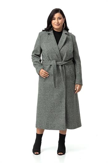 Büyük Beden Ceket Yaka Düğmeli ve Kuşaklı Derin Yırtmaçlı Balıksırtı Astarlı Uzun Yeşil Kaban