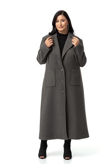 Büyük Beden Ceket Yaka Torba Cepli Astarlı Uzun Gri Kaşe Kaban