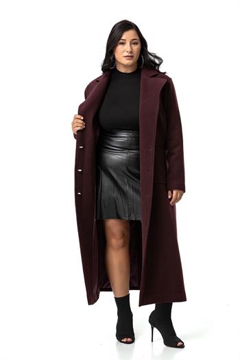 Büyük Beden Ceket Yaka Torba Cepli Astarlı Uzun Bordo Kaşe Kaban
