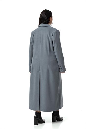 Büyük Beden Ceket Yaka Torba Cepli Astarlı Uzun Mavi Kaşe Kaban