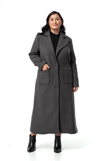 Büyük Beden Ceket Yaka Torba Cepli Astarlı Uzun Antrasit Kaşe Kaban