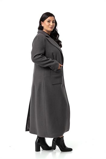 Büyük Beden Ceket Yaka Torba Cepli Astarlı Uzun Antrasit Kaşe Kaban