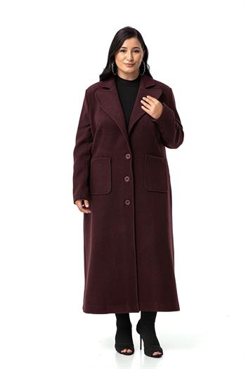 Büyük Beden Ceket Yaka Torba Cepli Astarlı Uzun Bordo Kaşe Kaban