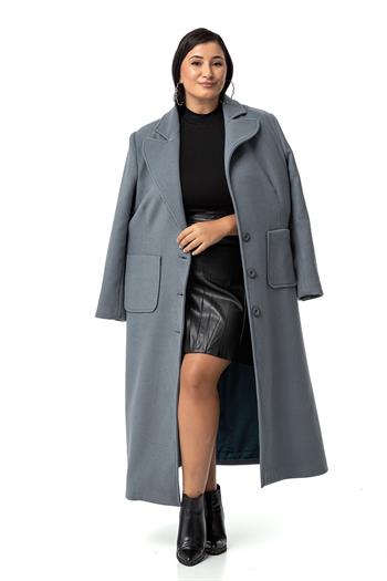 Büyük Beden Ceket Yaka Torba Cepli Astarlı Uzun Mavi Kaşe Kaban