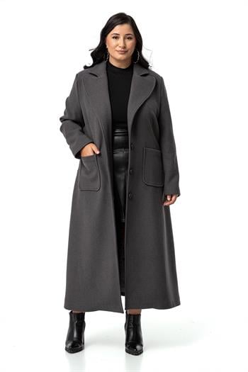 Büyük Beden Ceket Yaka Torba Cepli Astarlı Uzun Antrasit Kaşe Kaban