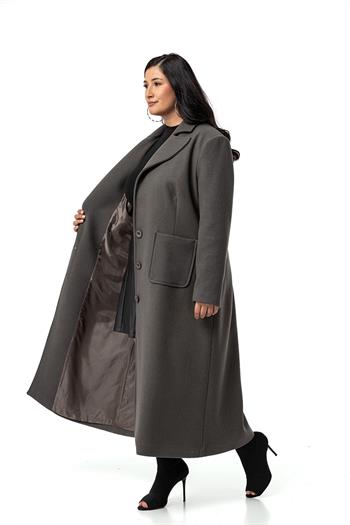 Büyük Beden Ceket Yaka Torba Cepli Astarlı Uzun Gri Kaşe Kaban