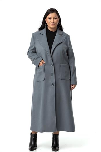 Büyük Beden Ceket Yaka Torba Cepli Astarlı Uzun Mavi Kaşe Kaban