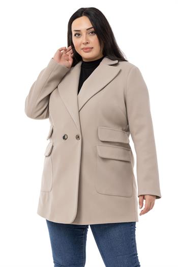 Büyük Beden Cep Detaylı Astarlı Kısa Taş Rengi Kaban