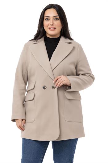 Büyük Beden Cep Detaylı Astarlı Kısa Taş Rengi Kaban