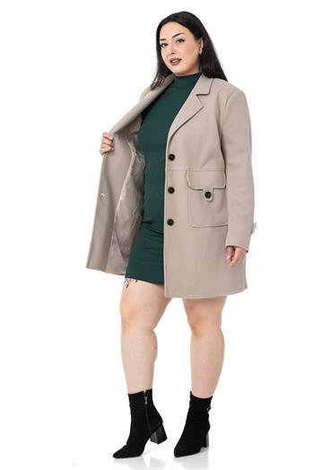 Büyük Beden Cep Detaylı Kısa Taş Astarlı Kaban