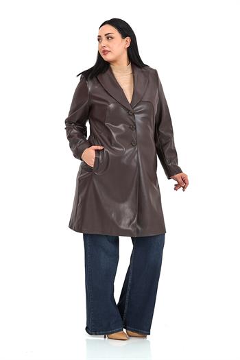 Büyük Beden Cepli Düğme Kapamalı Astarlı Suni Deri Koyu Kahverengi Kaban