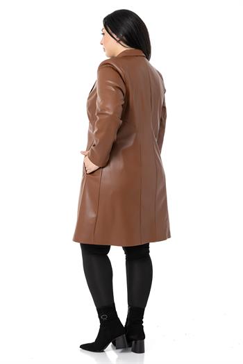 Büyük Beden Cepli Düğme Kapamalı Astarlı Deri Kahverengi Kaban