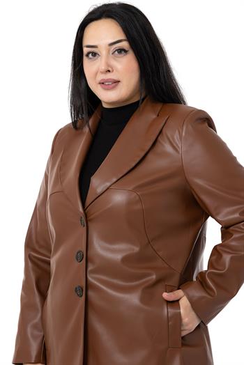 Büyük Beden Cepli Düğme Kapamalı Astarlı Deri Kahverengi Kaban
