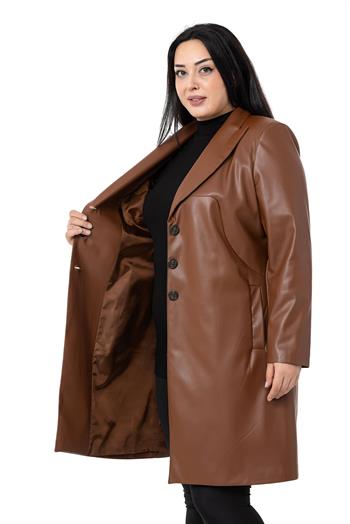 Büyük Beden Cepli Düğme Kapamalı Astarlı Deri Kahverengi Kaban