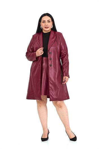 Büyük Beden Cepli Düğme Kapamalı Astarlı Suni Deri Bordo Kaban