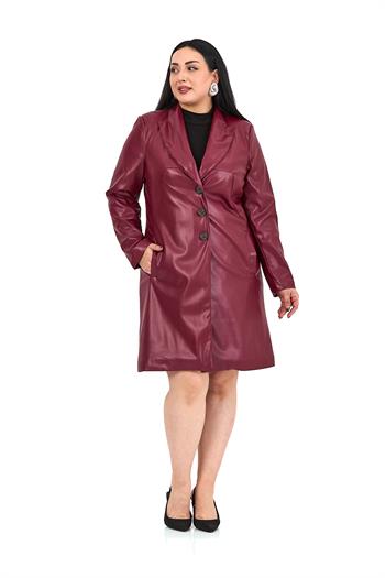 Büyük Beden Cepli Düğme Kapamalı Astarlı Suni Deri Bordo Kaban