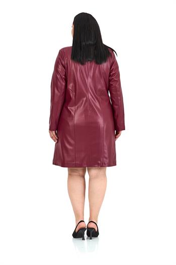 Büyük Beden Cepli Düğme Kapamalı Astarlı Suni Deri Bordo Kaban