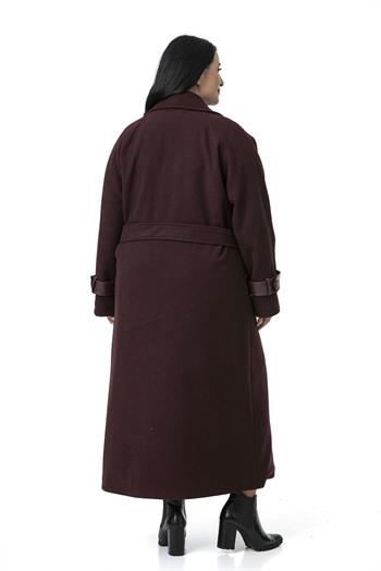 Büyük Beden Deri Biye Detaylı Fleto Cepli Kuşaklı Astarlı Kaşe Uzun Bordo Kaban