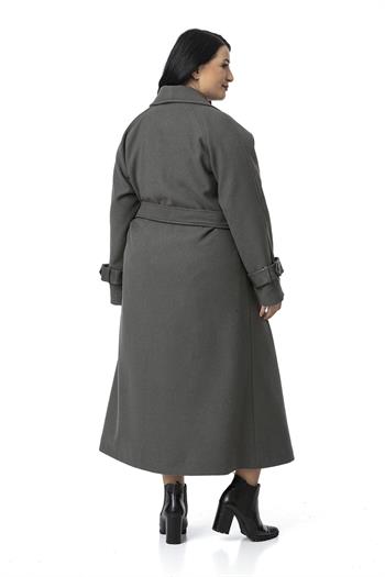 Büyük Beden Deri Biye Detaylı Fleto Cepli Kuşaklı Astarlı Kaşe Uzun Gri Kaban