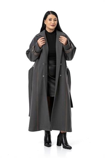 Büyük Beden Deri Biye Detaylı Fleto Cepli Kuşaklı Astarlı Kaşe Uzun Antrasit Kaban