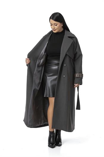 Büyük Beden Deri Biye Detaylı Fleto Cepli Kuşaklı Astarlı Kaşe Uzun Antrasit Kaban