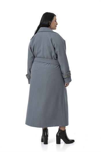 Büyük Beden Deri Biye Detaylı Fleto Cepli Kuşaklı Astarlı Kaşe Uzun Mavi Kaban