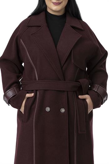 Büyük Beden Deri Biye Detaylı Fleto Cepli Kuşaklı Astarlı Kaşe Uzun Bordo Kaban