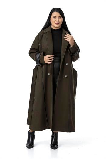 Büyük Beden Deri Biye Detaylı Fleto Cepli Kuşaklı Astarlı Kaşe Uzun Haki Kaban