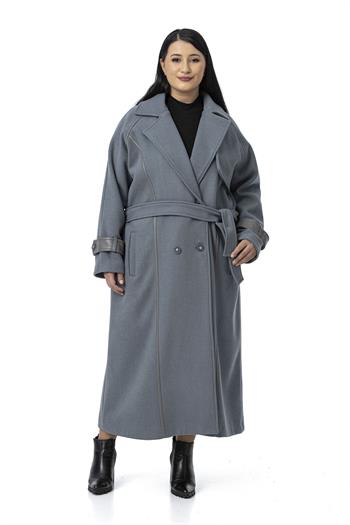 Büyük Beden Deri Biye Detaylı Fleto Cepli Kuşaklı Astarlı Kaşe Uzun Mavi Kaban