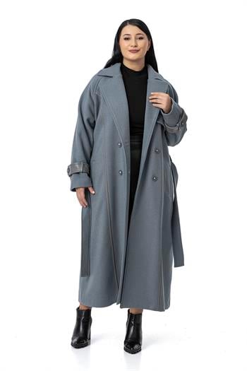 Büyük Beden Deri Biye Detaylı Fleto Cepli Kuşaklı Astarlı Kaşe Uzun Mavi Kaban