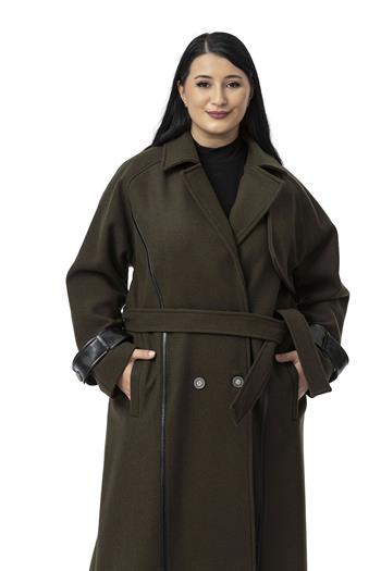 Büyük Beden Deri Biye Detaylı Fleto Cepli Kuşaklı Astarlı Kaşe Uzun Haki Kaban