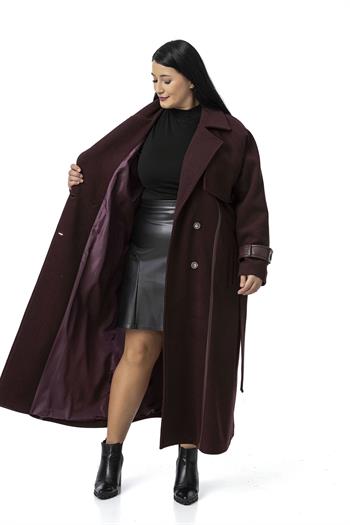 Büyük Beden Deri Biye Detaylı Fleto Cepli Kuşaklı Astarlı Kaşe Uzun Bordo Kaban