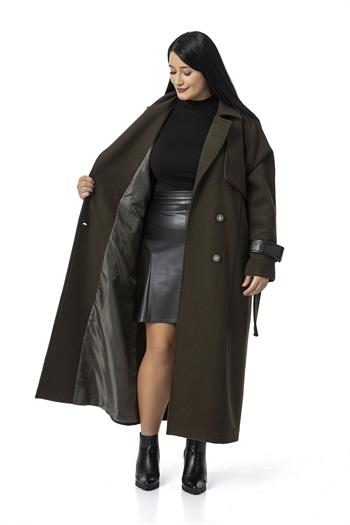 Büyük Beden Deri Biye Detaylı Fleto Cepli Kuşaklı Astarlı Kaşe Uzun Haki Kaban