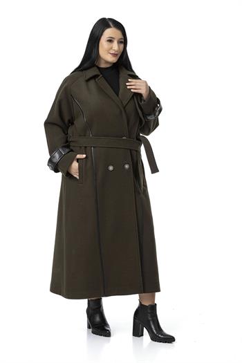 Büyük Beden Deri Biye Detaylı Fleto Cepli Kuşaklı Astarlı Kaşe Uzun Haki Kaban