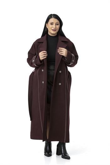 Büyük Beden Deri Biye Detaylı Fleto Cepli Kuşaklı Astarlı Kaşe Uzun Bordo Kaban